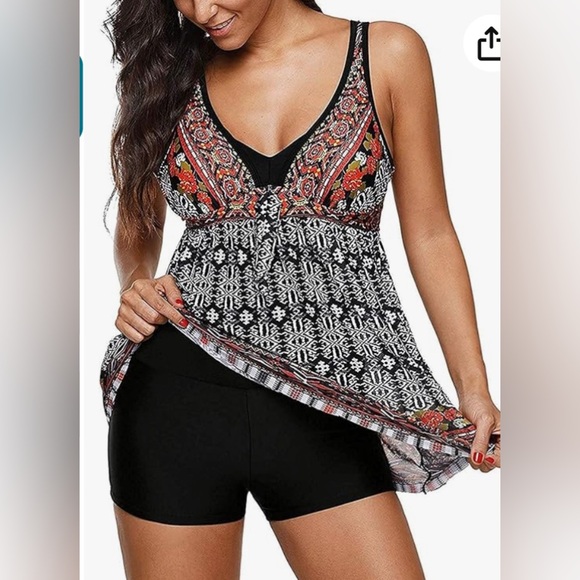 Danify Tribal Print Cut Out Tankini Set with Boy Shorts Slimming Swimdress - Picture 2 of 7